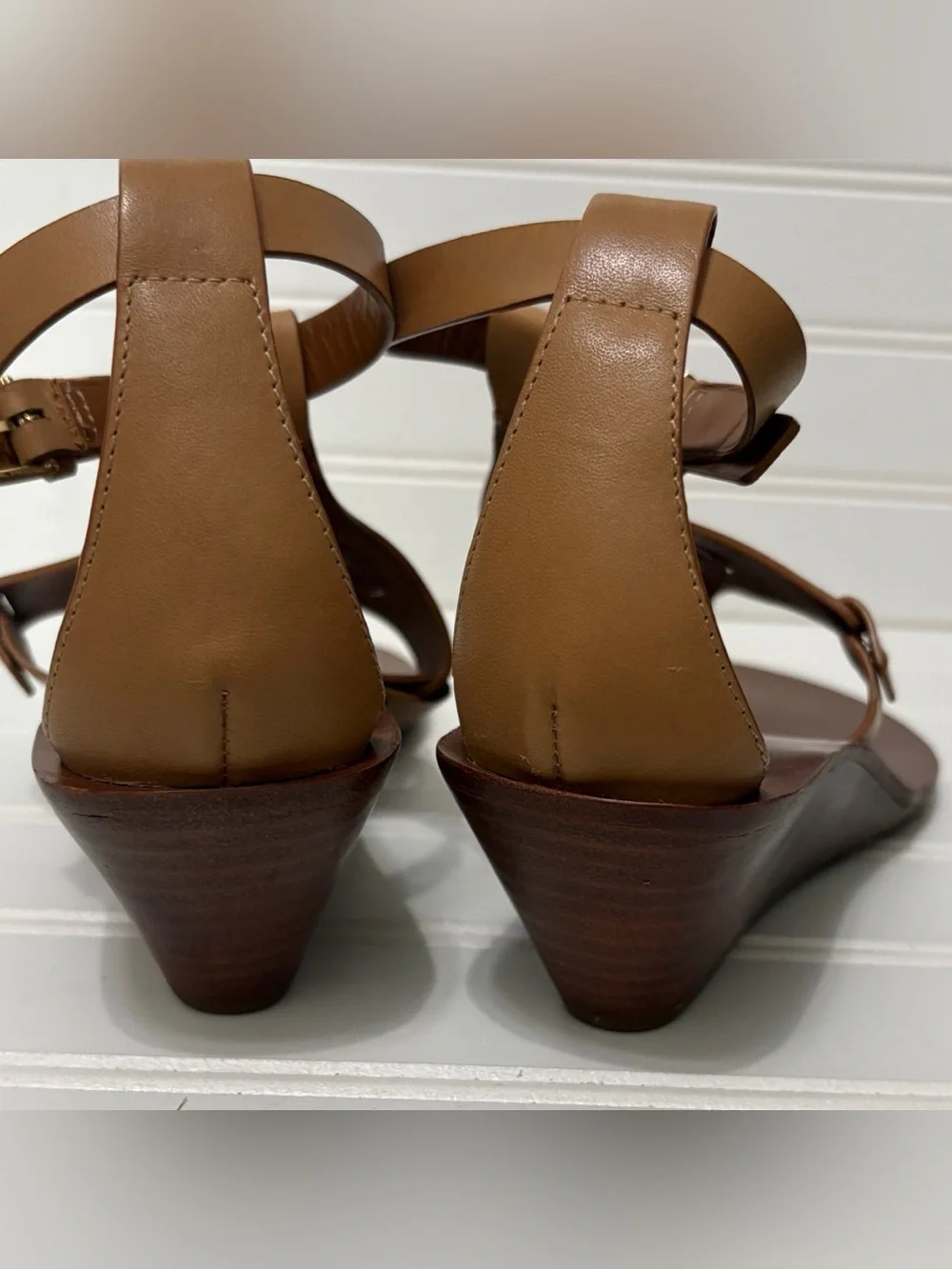 TORY BURCH Zoe Brown Leather Wedge Heel T Strap Sandals Shoes Womens Size 7 M